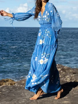 Жена богемное ежедневна дълга рокля с флорални принтом, буйни дълъг ръкав и V-образно деколте, с плажна празнично Макси рокля в стил Бохо