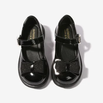 Детски кожени обувки за момичета, пролет-есен, лък за момичета, лесен нескользящий кука и контур, модерни обувки за деца в Британския стил, черен