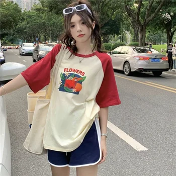 Корейската дамски свободна тениска с къси ръкави, зашити по цвят