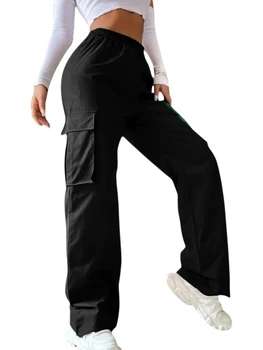 Дамски панталони-карго, ежедневни обикновена панталони свободно намаляване с висока талия, прав, с много джобове