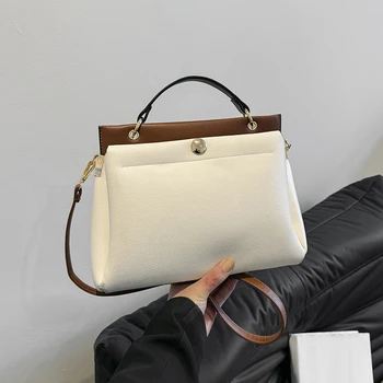 Дамска чанта-тоут от мека кожа с цветен заключване, Благородна Нишевая чанта, модна И удобна чанта през рамо, чанта-тоут голям капацитет