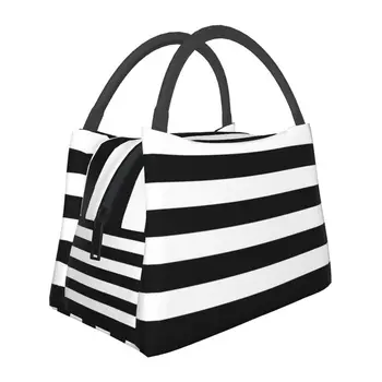 Черно-бели райета термоизолированные чанти за обяд Модерна проста геометрична преносим чанта за обяд за работа на пътуване Хранене Food Box