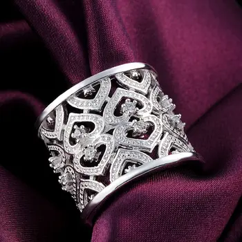 Класически пръстен от сребро 925 проба, кристалното сърце, широки пръстени за жени, регулируеми Модерни подаръци за сватбени партита, бижута