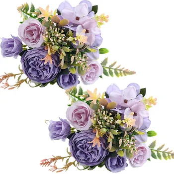 Изкуствени цветя 2 бр., изкуствен божур, коприна хортензия, букет от цветя, цветни аранжировки, централните елементи на масата (лилаво)