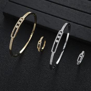Луксозен Европейски стил, Бронзова гривна, пръстен с микро-инкрустация Super Flash Zircon под формата на дълъг диамант-очите, комплект от 2 на пръстените