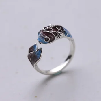 Винтажное Отворен пръстен Лъки Koi Fish За жени, модни посребрени медни пръстени със синьо lotus и заек на пръст, украси за сватбени партита