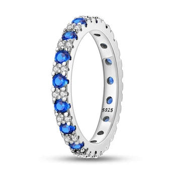 Блестящо сребро 925 проба, блестящо кралско синьо-бяло однорядное пръстен с кръгла дупка от цирконий, женски украси за партита