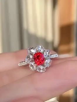 Класически Цветен Овалния Рубин диамант нарязани на Принцеса пръстен с пълна диамантен пръстен за жени, Геометрично Пръстен S925 Silverd за Годеж, Подарък за Младоженци, Бижута