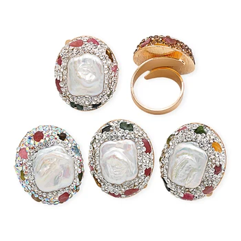 Пръстен с перли са в стил барок с Микро-инкрустация турмалин, Натурален сладководните перли, позлатени Дамски Бижута на Едро с възможност за промяна на размера