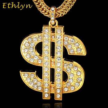 Ethlyn Планински кристал, голям долар медальон Златен цвят на САЩ паричен знак Слайд колие с висулка Черно американски хип-хоп бижута P57