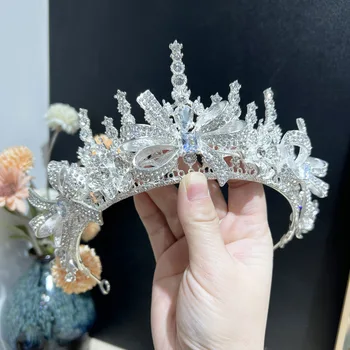 Сребърни кристални корони, диадеми булката, Royal queen За сватбената корона, женски прическа принцеса, сватбена украса за коса, Аксесоари
