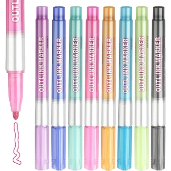 Метални маркери за самостоятелно наброска, 8 цвята, маркер за контурите, да се занимават с двойна линия, дневниковые химикалки, цветни постоянни маркери за деца.