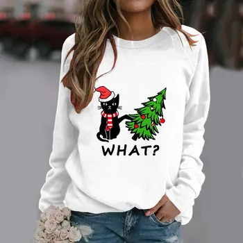 Коледна женска тениска с принтом Грозна котка, hoody с кръгло деколте, монтиране пуловер, блузи с дълъг ръкав, Коледни жилетки, блуза, Дамски