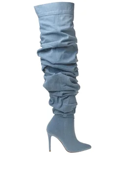 2023, Есенно-зимни Нови Модни Дамски Ботфорты над коляното на висок ток-висок ток с остър пръсти и страничен цип, Показани на модния Подиум Каубойски ботуши