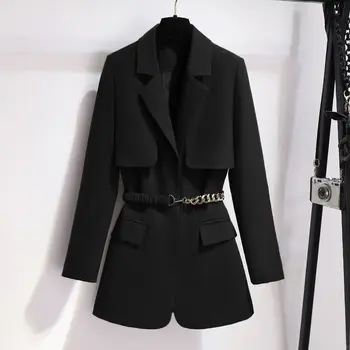 Модерен Нов дамски есенен костюм, сако, ежедневието на обикновен ремък, верига, украса джоба, сако, дамски дрехи, палто