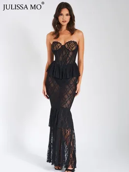 JULISSA MO Елегантно бельо мозайка прозрачна секси рокля Макси за парти, вечерна рокля с волани, Обикновена роклите без презрамки и облегалката.
