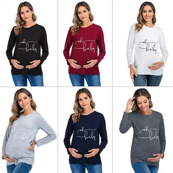 Летни дрехи за бременни, по-големи размери, потници, тениска за бременни, риза за бременни с рюшами от двете страни, ежедневни облекла с букви, S-3XL