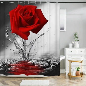 Завеса за душ с рози от водоустойчив полиестер, завеса за баня, цветни завеси в цветенце за декора на банята с куки