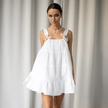 Свободно винтажное рокля Дамско от 100% памук, бяло, сексуална, без ръкави За жени, 2023, Летни ежедневни обикновена рокля за празнични партита, Vestido