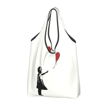 Момиче с въздушно топка с принтом Kawai, чанти за пазаруване Banksy, преносима чанта за пазаруване с улични графити