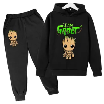Kawaii Baby Groot Комплект с качулка, Детска Градинска Мода Hoody + панталони Костюм Ежедневни Hoody За бягане I Am Groot Забавен Анимационен G