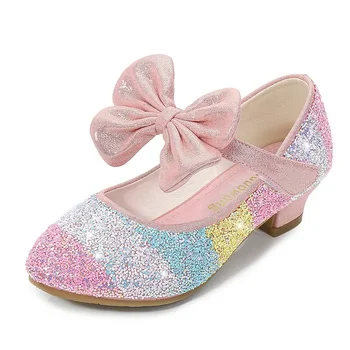 Кожени обувки за момичета, обувки принцеса, детски обувки с кръгло бомбе, мека подметка, обувки на принцесата на висок ток с кристали за по-големи момичета, фини обувки