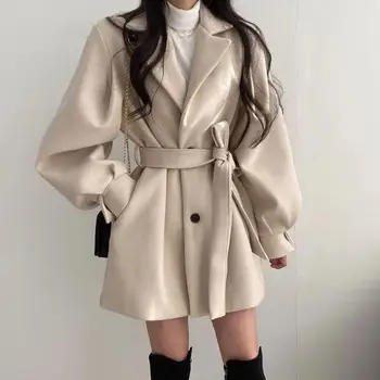 Дамско зимно однотонное свободно палто с яка-часова, однобортное палто