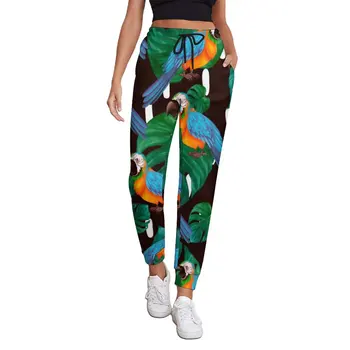 Панталони за джогинг с тропически птици, пролетни домашни панталони с принтом палмови листа, женски улични панталони с принтом, голям размер 2XL