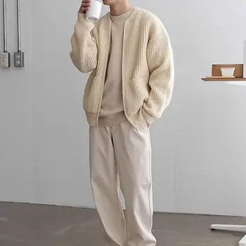 Пуловер Жилетка Мъжки вязаный пуловер без яка, палто с колан с цип и джобове, однотонная есенно-зимно горно облекло за мъже