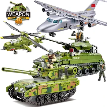 Военен боен танк, Изтребител, Строителни блокове, хеликоптер, Превозвача, Модел на самолета, тухли, Войници от Втората световна война, Оръжия, играчка за деца, подарък MOC