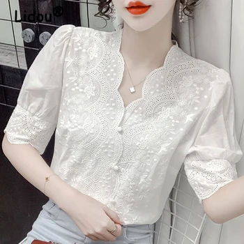 Дамски Кухи бели дантелени асиметрични блузи с бродерия, летни модни сладки тениски с V-образно деколте и къс ръкав, ежедневни шик блузи, женски