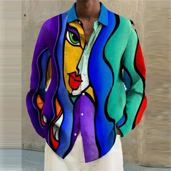 Есенно-пролетно мъжка мода с 3D абстрактни рисунки на лице, широки ризи и блузи от полиестер с дълъг ръкав