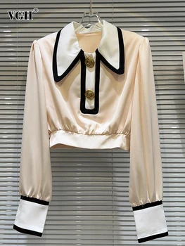 Ежедневни къси блузи VGH Colorblock За жени с ревери и дълъг ръкав, Темпераментни ризи с метална катарама, дамски модни дрехи