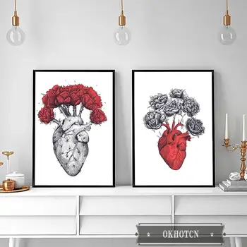 Абстрактен цвете орган, живопис върху платно, червено-сиво сърцето, цветни плакати и щампи, стенни художествена картина за декорация на дома в хола
