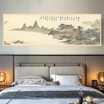 Картина с пейзаж от принтом планини и води за хол, офис помещения, стенно художествено изображение в традиционен китайски стил върху платно