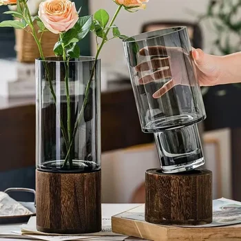 Модерни, просто и креативни стъклени цветя, отглеждани във водата, ваза с цветя върху дървена основа, за украса на хола, маса за хранене, Цветен режим