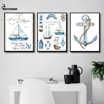 Морска карта, картина върху платно, боядисване с фар, картина в морски стил, Котва, компас, плакат, Средиземно море за домашен декор