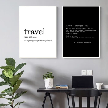 Художествена печат върху платно с цитати от пътуване Антъни Бурдена, модерен минимализъм, на черно-бялата живопис върху платно, плакат на 