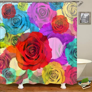 3D красива завеса за баня с принтом цветове на рози, полиестер, водоустойчив, с куки, начало декор, завеса за душ параван за баня