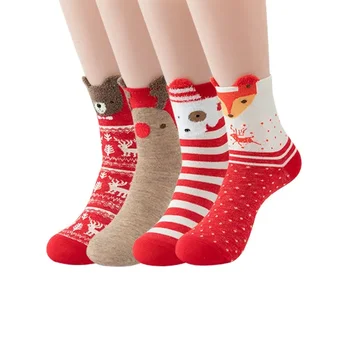 Коледни чорапи с шарени мультяшного мечка, Големи червени чорапи, Дамски чорапи в годината на приливите и отливите, Коледни памучни чорапи със средна дължина