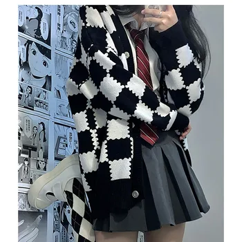 Жилетка в корейски стил, пуловер, Дамски реколта яке в шахматна дъска модел, мода есен-зима однобортные блузи с дълъг ръкав