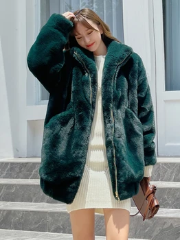 Тъмно-зелено палто от изкуствена кожа с цип, Дебела однотонная яке от изкуствена домакинството е заек козината е със средна дължина, дамско зимно палто, промоция