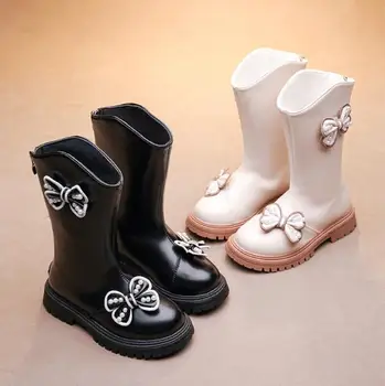 Детски зимни обувки за момичета, дългите зимни обувки с лък, зимни нови модни кожени обувки за деца, обувки на 